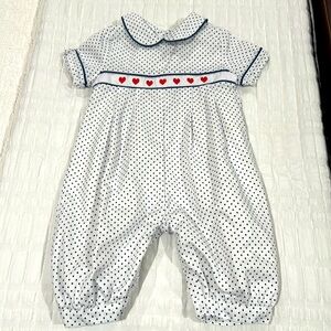 SMOCKINGBIRD Peter Pan Collar Polka Dot Romper Embroidered Hearts One Piece 12mo